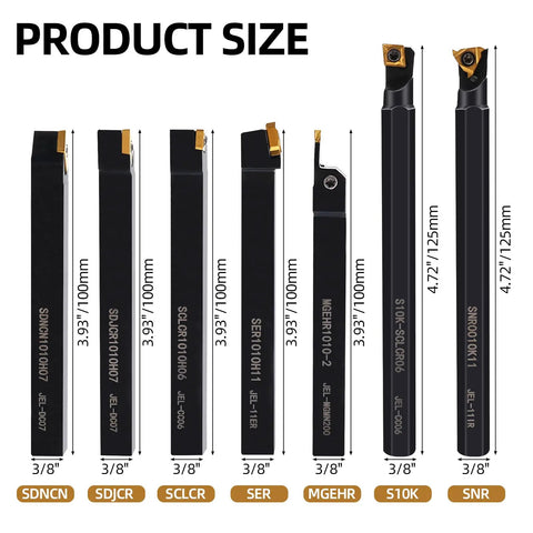 Indexable Lathe Turning Tool Set With Seven Tool Holders And Fourteen Carbide Inserts And Eight Wrenches For Turning, Grooving, Boring, And Threading Great For Home Machinists And Pros, showing 7 tool holders and product size measurements