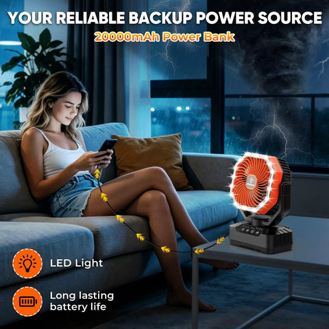 Woman using phone near 20,000mAh Camping Fan With 70-Hour Runtime, Portable USB Power Bank, illuminated, at home during storm.