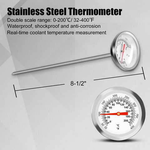 Front view of a stainless steel thermometer with long probe and two circular gauges on a gray background.