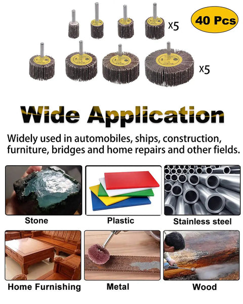 40 Pack One Quarter Inch Shank Abrasive Flap Wheel Sander Set, 80 Grit Aluminum Oxide Flap Wheels for metal wood sanding applications