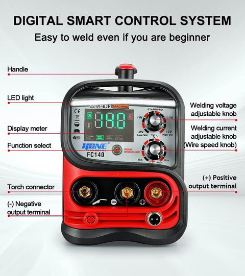 Front view of Three in One welding machine with MIG flux core and Lift TIG, synergic MIG control, large LED display, 110V input.
