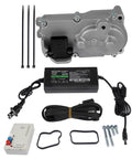 Front view of Flynsu turbo actuator calibration kit with silver actuator, black controller, cables, mounting hardware