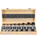 Heavy Duty Carbide Tipped Forstner Drill Bit Set Packs Sixteen Badass Sizes in a wooden case for precise wood drilling.