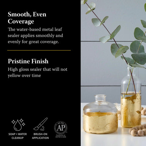Speedball Mona Lisa water-based sealer, 2 oz, clear; black text panel beside glass bottles with gold leaf and eucalyptus.