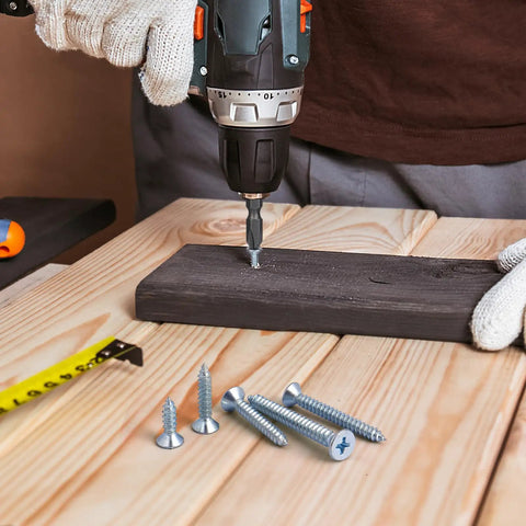 Pro Heavy Duty Wood Screws Assortment Kit With Phillips Flat Head Design In Six Handy Sizes for easy wood drilling.