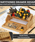Eco Friendly Bamboo Screwdriver Organizer and Tool Storage Rack for workbench, holding tools and accessories in 53 slots.
