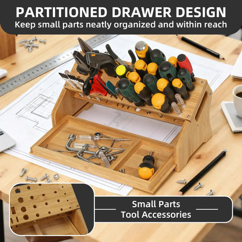 Eco Friendly Bamboo Screwdriver Organizer and Tool Storage Rack for workbench, holding tools and accessories in 53 slots.