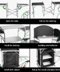 Step-by-step assembly of Folding Camping Kitchen Table With Windshield And Storage Cabinet, showing setup process and features.