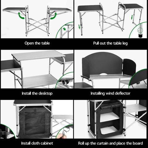 Step-by-step assembly of Folding Camping Kitchen Table With Windshield And Storage Cabinet, showing setup process and features.