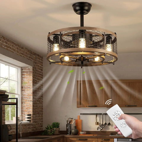 Dope 20 Inch Caged Bladeless Ceiling Fan With Lights And Remote Black Rustic Farmhouse Style indoors with remote being used