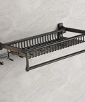 Space Saving 24 Inch Wall Mounted Towel Rack With Foldable Shelf And 7 Hooks No Assembly Required Black Bathroom Organizer