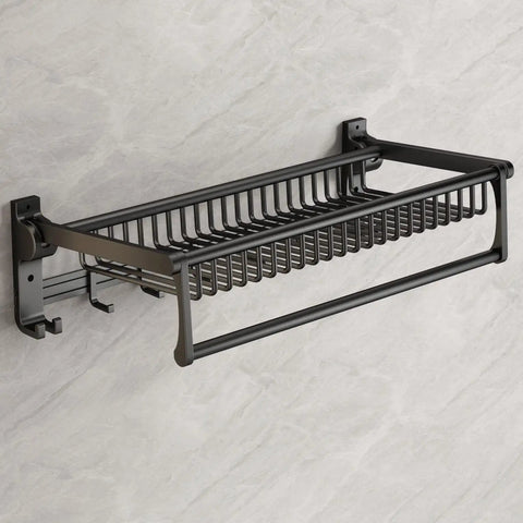 Space Saving 24 Inch Wall Mounted Towel Rack With Foldable Shelf And 7 Hooks No Assembly Required Black Bathroom Organizer