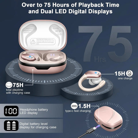Beast Mode Wireless Earbuds With 75H Battery Life, Bluetooth 5.4, IP7 Waterproof in rose gold with charging case and earhooks.