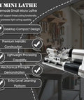 DIY mini lathe machine with premium metallic construction designed for light processing of wood and metal projects.
