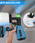 Cordless Battery Operated HVLP Paint Sprayer with blue spray pattern showing anti-backflow feature, ideal for ceilings.