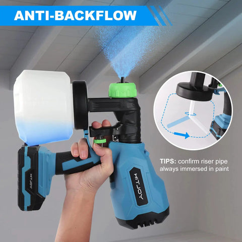 Cordless Battery Operated HVLP Paint Sprayer with blue spray pattern showing anti-backflow feature, ideal for ceilings.