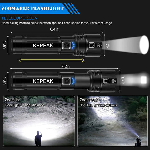 5 Modes 1000 Lumen Beast Mode Tactical LED Flashlight With IPX5 Water Resistance Floodlight Or Spotlight Beam shown in zoom settings