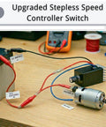 12V To 24V PWM DC Motor Speed Controller 10A With Heat Sink And Lever Wire Connectors in setup with motor and battery