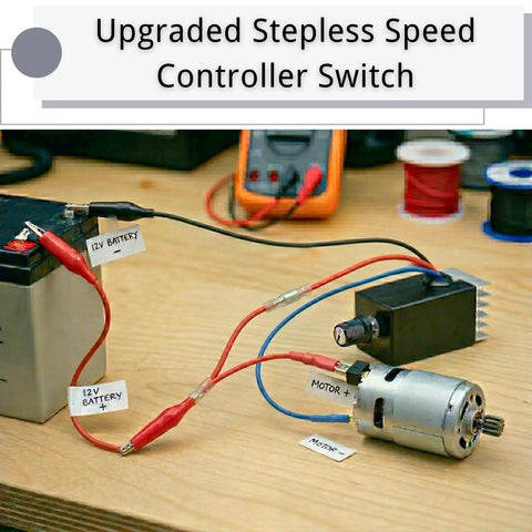 12V To 24V PWM DC Motor Speed Controller 10A With Heat Sink And Lever Wire Connectors in setup with motor and battery