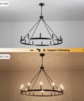 Wagon Wheel Farmhouse Chandelier In Black And Wood, 6 Light Rustic Industrial Pendant Light Fixture, dimmable light settings