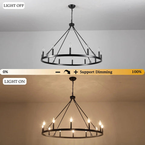 Wagon Wheel Farmhouse Chandelier In Black And Wood, 6 Light Rustic Industrial Pendant Light Fixture, dimmable light settings