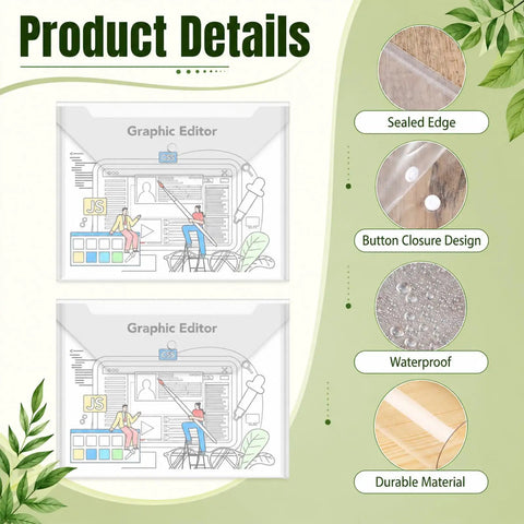 Clear Plastic Envelopes With Snap Closure 100 Pack A4 Size, showing durable and waterproof features with button closure design.