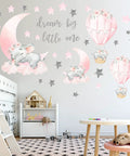 Whimsical Elephant Wall Stickers Set With Pink Moon And Grey Stars For Nursery And Kids Room, Hot Air Balloon Decor, 47x34 Inch