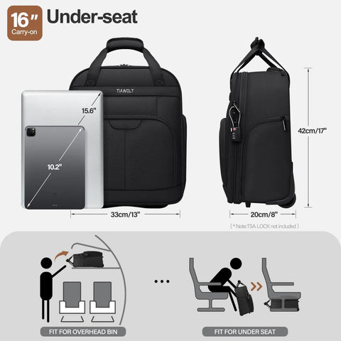 Illustration of 16 Inch Underseat Carry On Luggage With Wheels Softside Lightweight And Compact Travel Bag dimensions and fit.