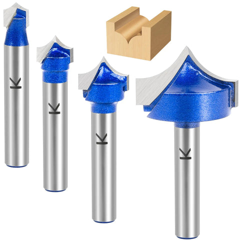 Carbide Roundover Router Bit Set for Woodwork, Four Piece Collection With 1/4 Inch Shank, Cutting Diameters 1/4, 3/8, 1/2 And 1 Inch