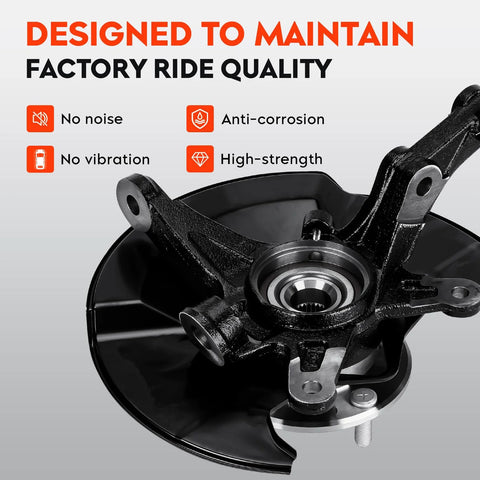 Front Left Steering Knuckle And Wheel Bearing Hub Assembly For Honda Civic 2006 Through 2011 Driver Side Not Si Or Mugen Si Models Direct Fit Replacement Durable Rust Resistant Build Easy Install showing anti-corrosion and high-strength features.