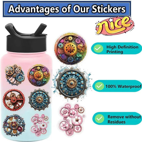 Dope Steampunk Gear Sticker Set 50pc For Journaling And Scrapbooking applied to water bottle, showing vintage design and waterproof finish.