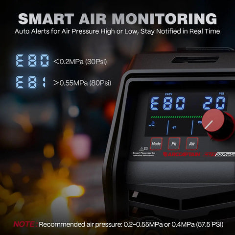Close-up of IControl CUT55 Prolux Plasma Cutter's LED display showing air pressure monitoring settings.