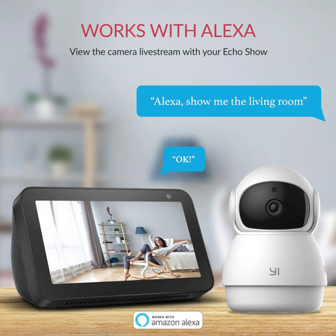Pan Tilt 360 Degree Indoor Security Camera With Night Vision 1080p Pet Cam next to Echo Show, showcasing living room view via Alexa.
