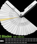 32-blade stainless steel feeler gauge set with metric sizes 0.04–0.88 mm, fan-style blades