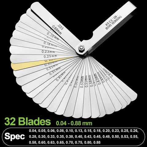 32-blade stainless steel feeler gauge set with metric sizes 0.04–0.88 mm, fan-style blades