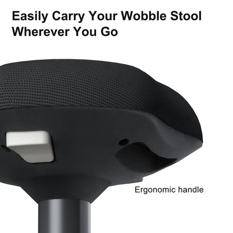 Active Sitting Wobble Stool for Standing Desk, close-up of ergonomic handle and non-slip curved base, walnut finish