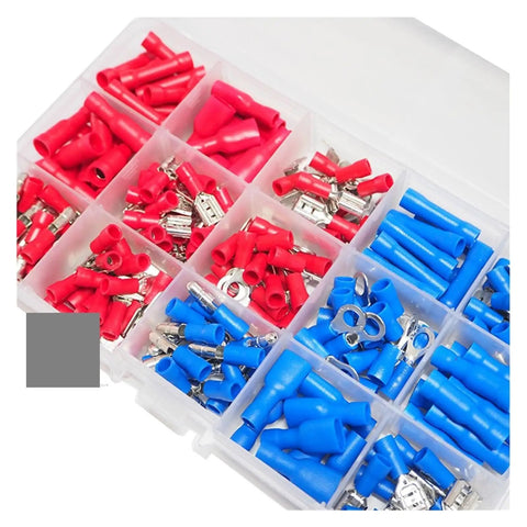 200 Piece Assorted Crimp Terminals Set With Ring And Spade Connectors Includes Male Female Piggy Back Wire Connector Kit, red blue