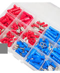 Awesome 200 Piece Assorted Crimp Terminals Kit With Ring And Spade Connectors Plus Male Female Piggy Back Wire Ends For Heavy Duty Electrical Jobs And Auto Repairs You Gotta Have These Bad Boys To Fix Any Messy Wiring Job Fast.. red and blue crimp terminals in organizer box