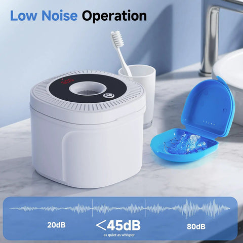 Low Noise Operation Ultrasonic Denture Cleaner Pod 45kHz With Digital Timer 200ml 4 Modes white unit on bathroom counter