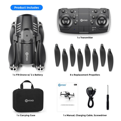 F19 Drone With 1080P HD FPV Camera, transmitter, 8 propellers, carrying case, manual, charging cable, screwdriver