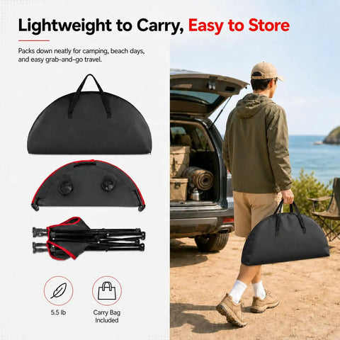 Person carrying Lightweight Folding Camping Table With 4 Cup Holders Waterproof Canvas Outdoor Table and bag by vehicle