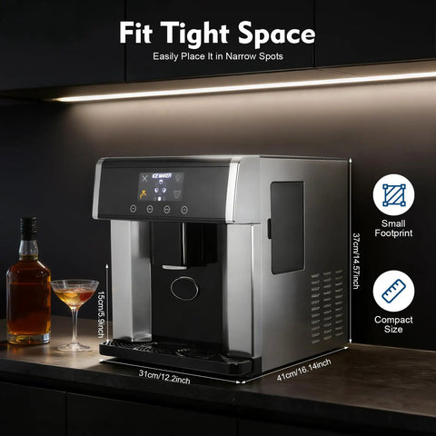 Countertop Ice Maker 2 In 1 Water Dispenser Drop Dead Fast round ice maker, compact size, fits tight spaces on kitchen counter.