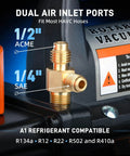 Dual air inlet ports on Heavy Duty Workhorse Hvac Vacuum Pump Pushing 3.5 Cfm for various refrigerant hoses.