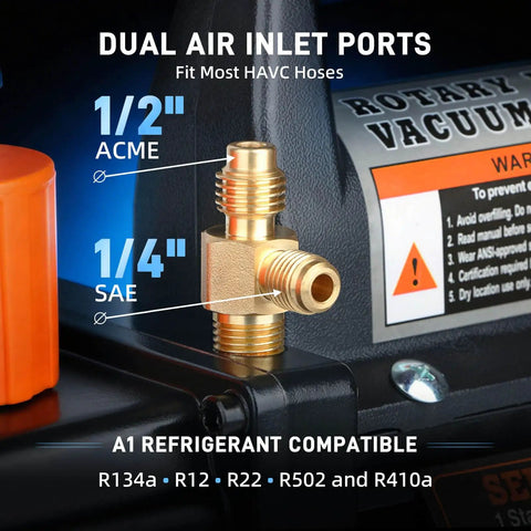 Dual air inlet ports on Heavy Duty Workhorse Hvac Vacuum Pump Pushing 3.5 Cfm for various refrigerant hoses.