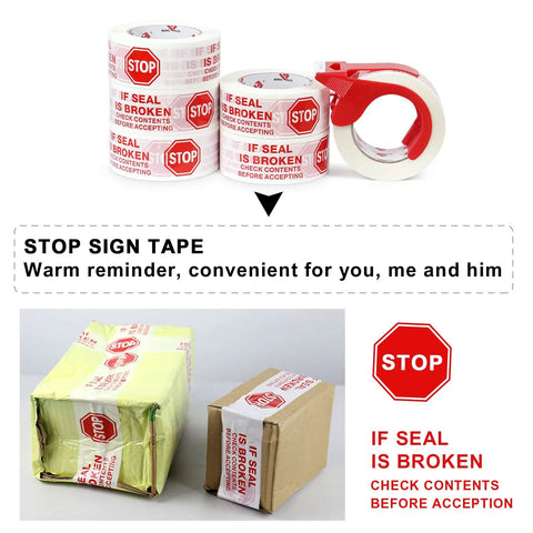 Security Packing Tape With Pre Printed If Seal Is Broken Check Contents Before Accepting Seal Integrity Message shown with dispenser and packages.