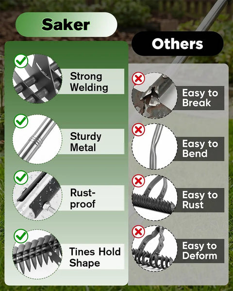 Comparison chart highlighting features of 15 Inch Heavy Duty Dethatching Rake With Adjustable Long Handle Metal Turf Rake for lawn care.