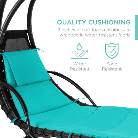 Close-up of teal cushion on Outdoor Hanging Curved Steel Chaise Lounge Chair Swing With Built In Pillow And Removable UV Resistant Canopy