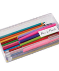 Colorful collection of pens and pencils stored in a clear plastic organizer labeled 'Pens & Pencils'.