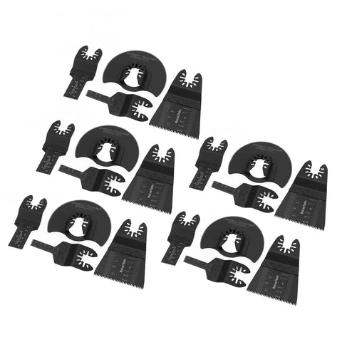 Ultimate 20-Piece Oscillating Saw Blade Set For Wood And Plastic, showing 20 black blades in various sizes.