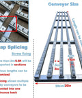 Heavy Duty Conveyor Roller Pulley 32.8 Feet Long Supports 300 Lbs Load for warehouses, showing snap splicing and size details.